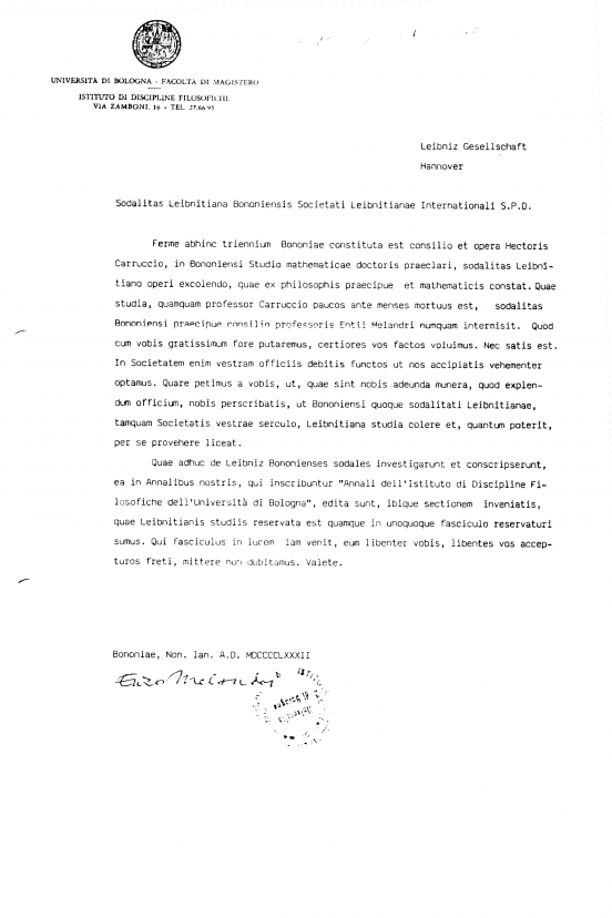 Lettera della Sodalitas Leibnitiana alla Leibniz-Gesellschaft nel 1982